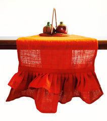 Handcrafted orange burlap table runner with frills Halloween holiday decor