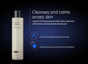 BPO 5% Cleanser - Cleanses and calms acneic skin. Liquid 5% benzoyl peroxide daily cleanser eliminates and prevents breakouts