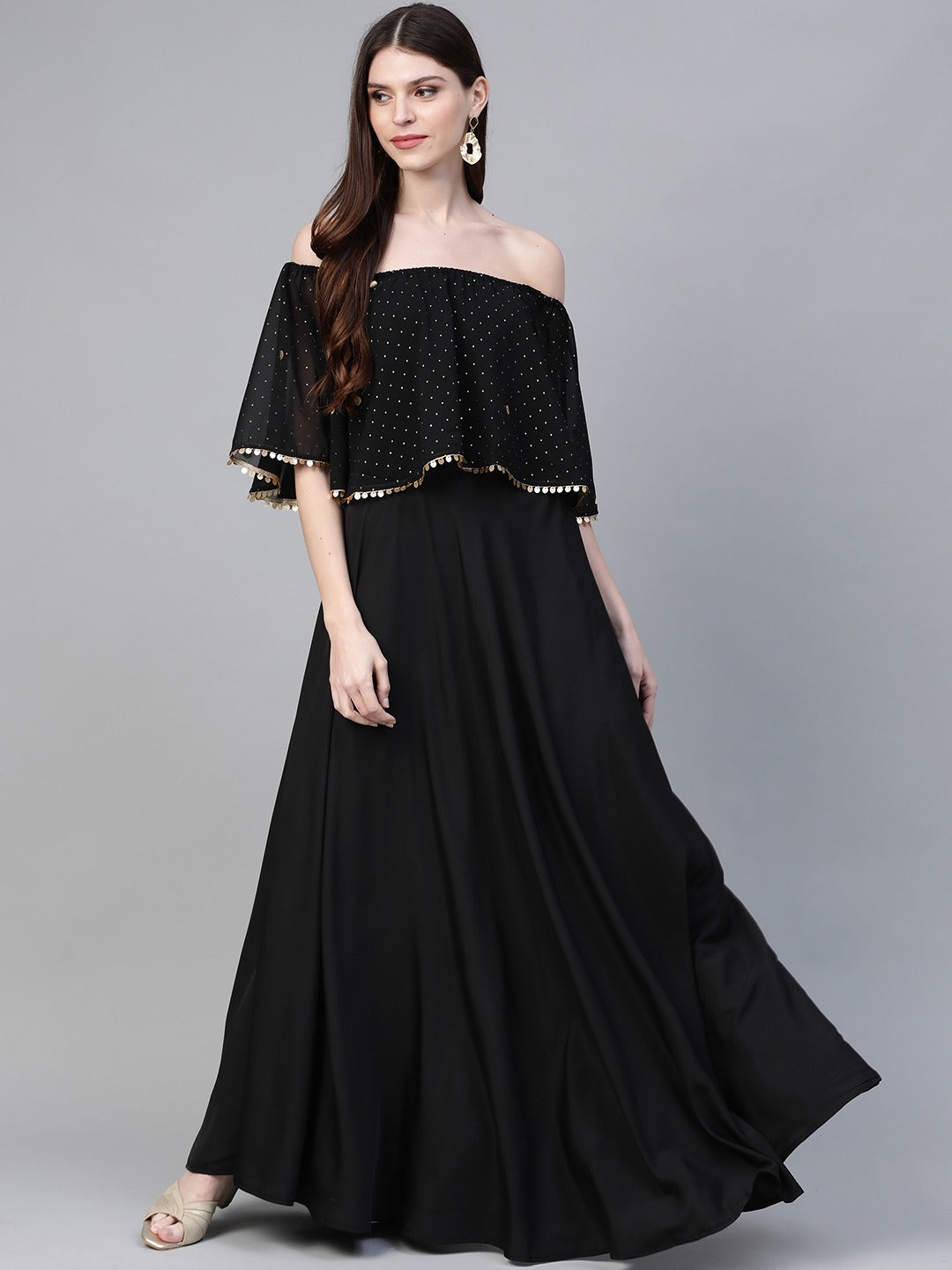 Women Black & Golden Foil Printed Detail Off-Shoulder Layered Maxi Dre