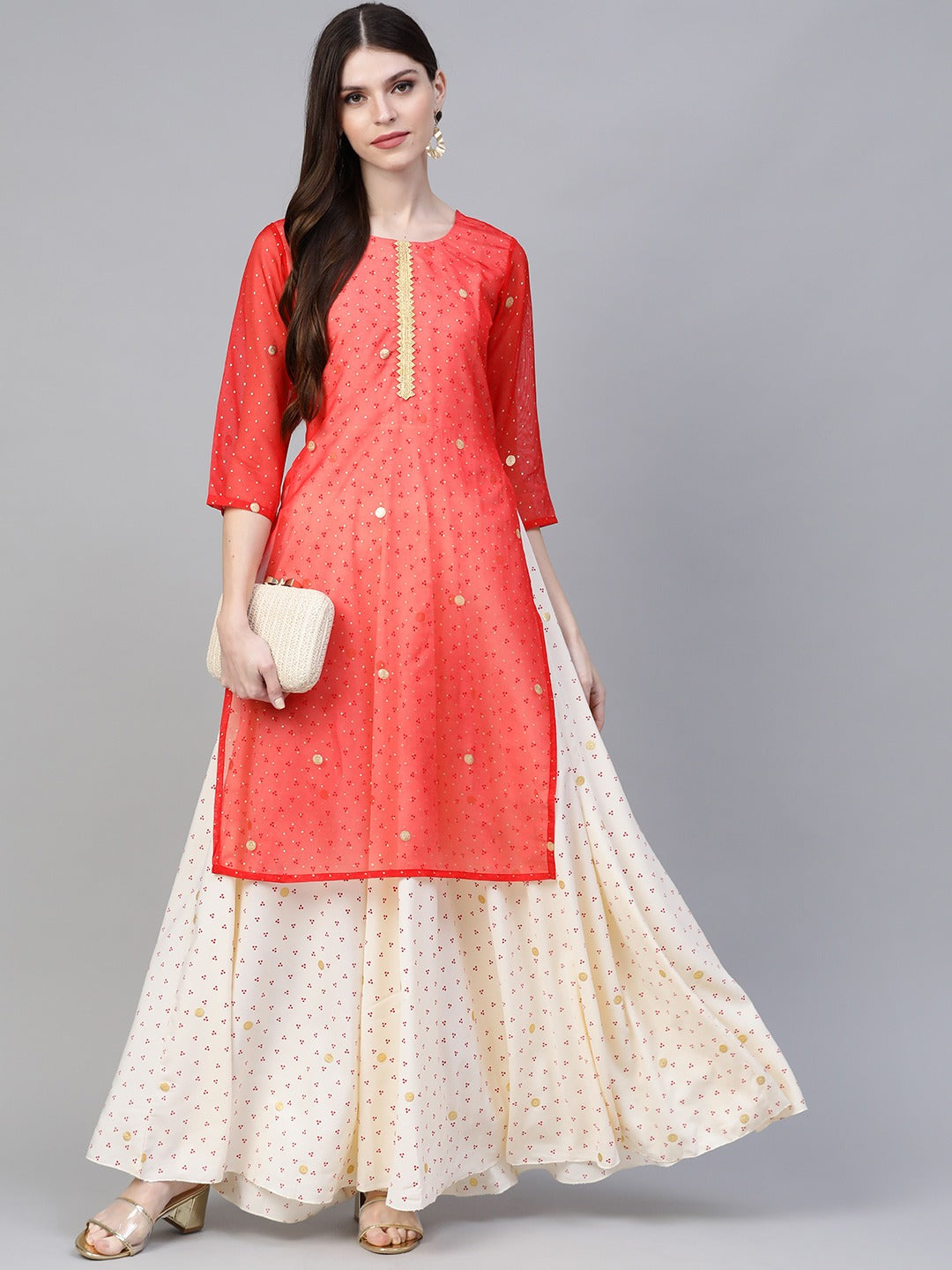 Women Cream-Coloured & Red Bandhani Foil Printed Layered Maxi Dress