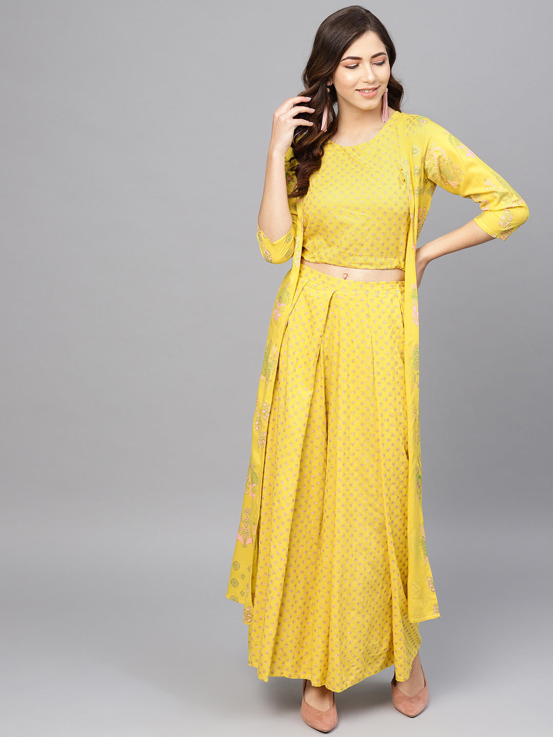 Women Yellow & Pink Printed Crop Top with Palazzos & Ethnic Jacket
