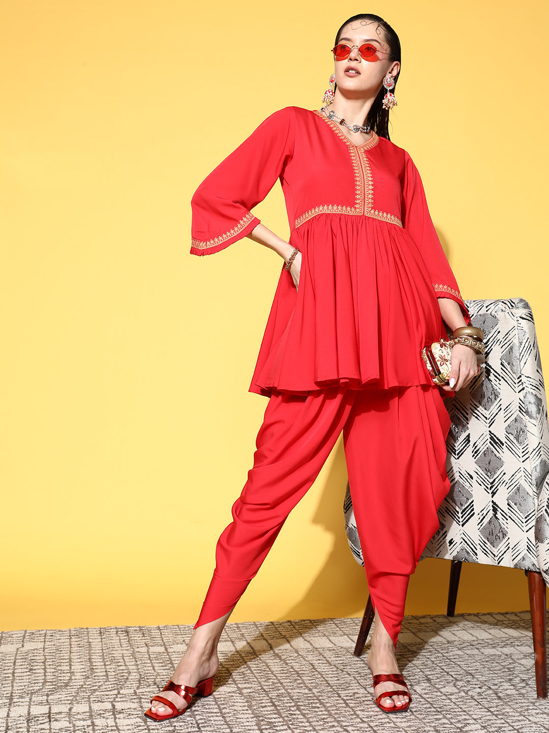 Ahalyaa Women Red Pleated Gotta Patti Kurti with Dhoti Pants