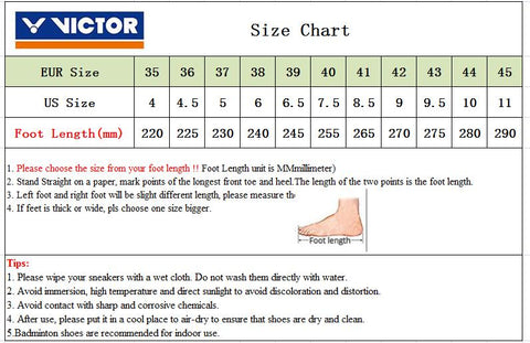 victor badminton court shoe sizing chart