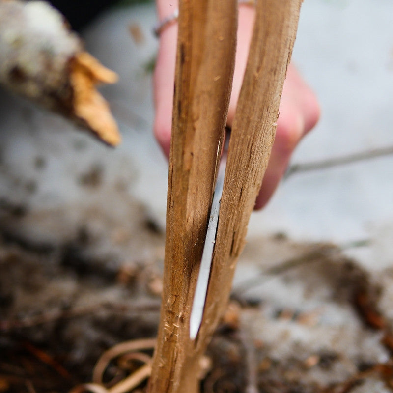 A scandi bushcraft knife batonning through some wood