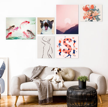 A dog-on-sofa with a gallery wall on creative artwork on display plate, metal poster prints