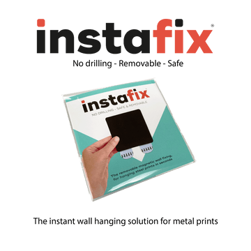 A product image showing a intafix-metal-print-hanging-solution pack shot and logo