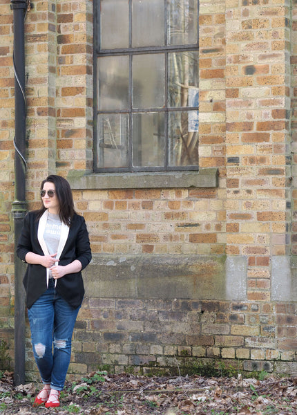 Tartan Brunette wearing Outsider monochrome blazer ethical fashion