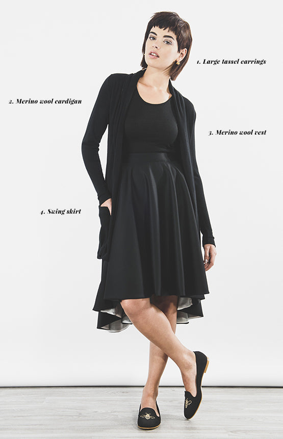 Outsider black cardigan and swing skirt outfit - ethical fashion
