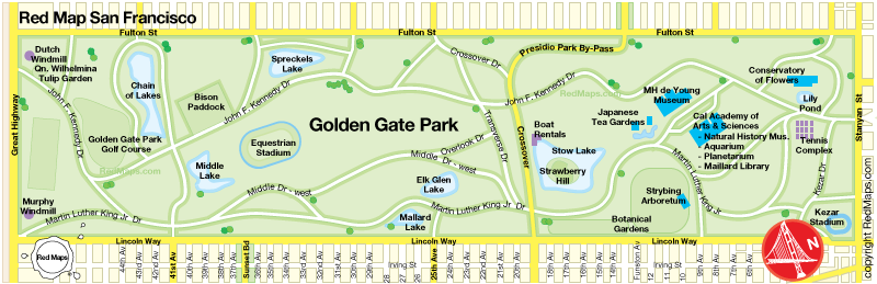 Map showing attractions in Golden Gate Park San Francisco