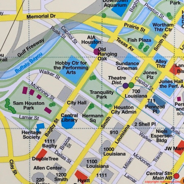 map of Downtown Houston showing Hobby Center and Sam Houston Park