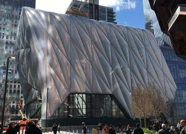 View of The Shed's exterior at Hudson Yards from across the plaza.