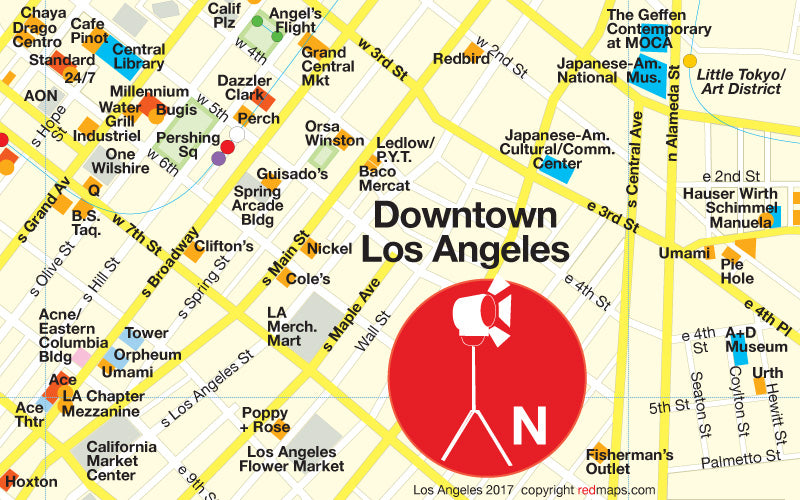 map of downtown los angeles showing hotels, restaurants and metro stations