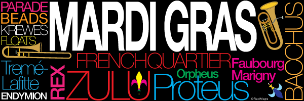 colorful graphic showing names of famous Mardi Gras marching groups