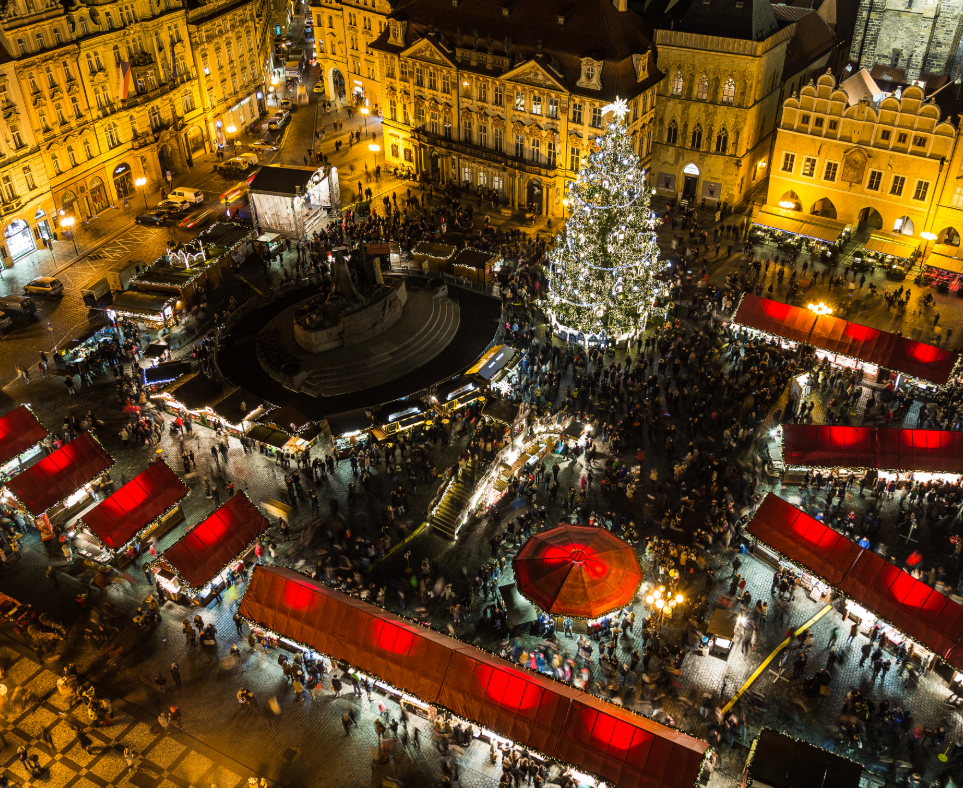 nighttime view of the Christmas Market in Old Town Prague