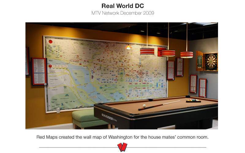 photo of game room from TV show Real World Washington DC with wall map of DC in background