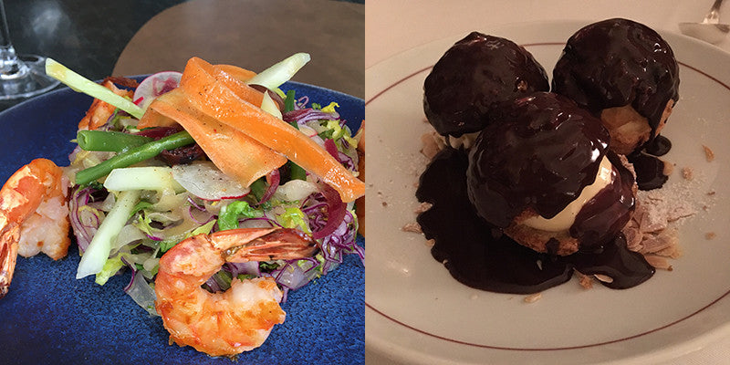 images of meals in Paris restaurants, shrimp salad and profiteroles