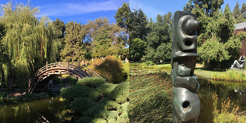 Two photos of Huntington Library's Japanese Garden, and Norton Simon Museum Garden