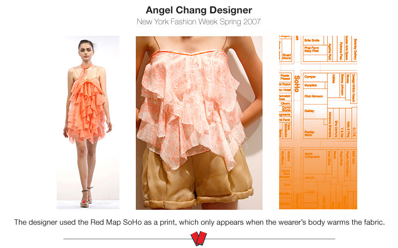 photo of Angel Chang designed clothing with images of the Red Map Soho in the fabric