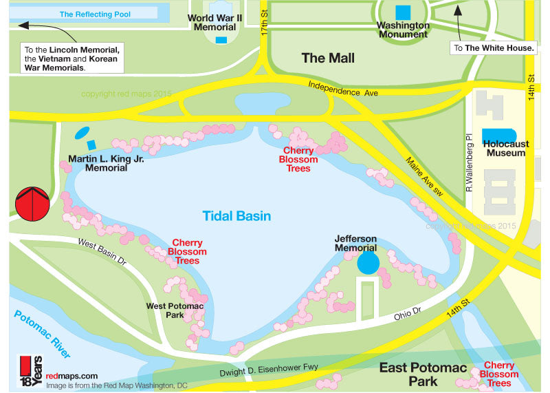Map of Washington DC Tidal Basin path to see  the Cherry Blossom Trees