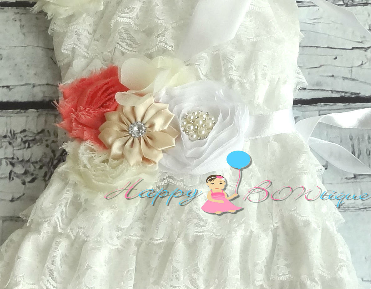 Coral White Flower sash/ Wedding Bridal Flower Sash