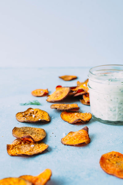 Oven baked sweet potato chips with dairy free ranch dip