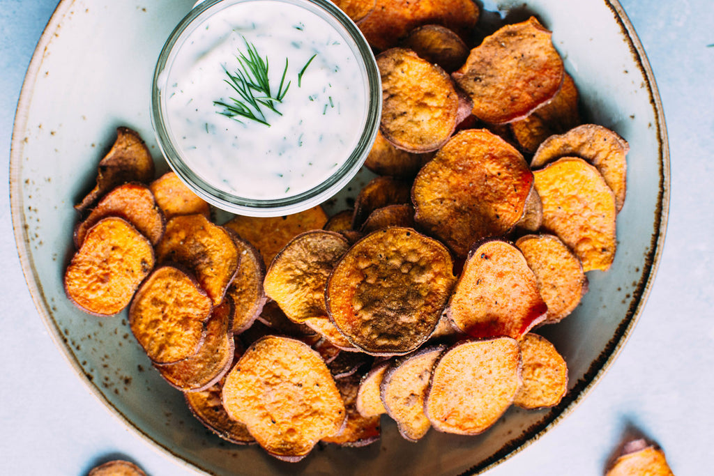 Oven baked sweet potato chips with dairy free ranch dip
