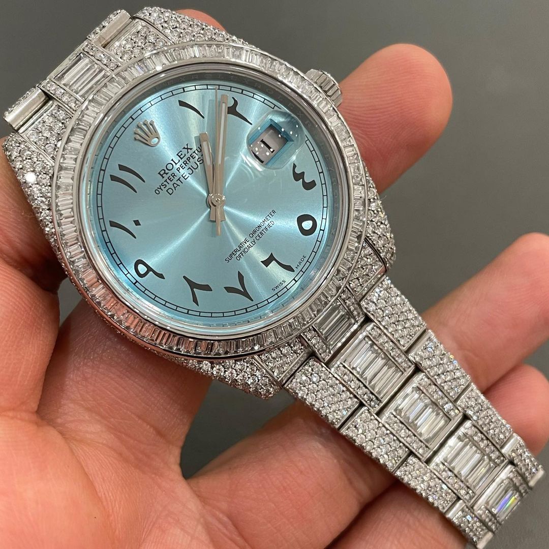 Date-Just Moissanite Diamond Arabic Dial Dual Watch Iced Out Moissanite Watch Moissanite Rolex Arabic Dial Watch – iMaxBudsWatch