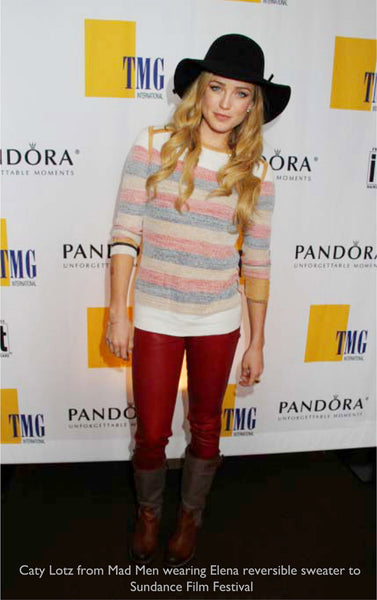 Caty Lotz wearing Elena reversible pullover more muted side to Sundance.