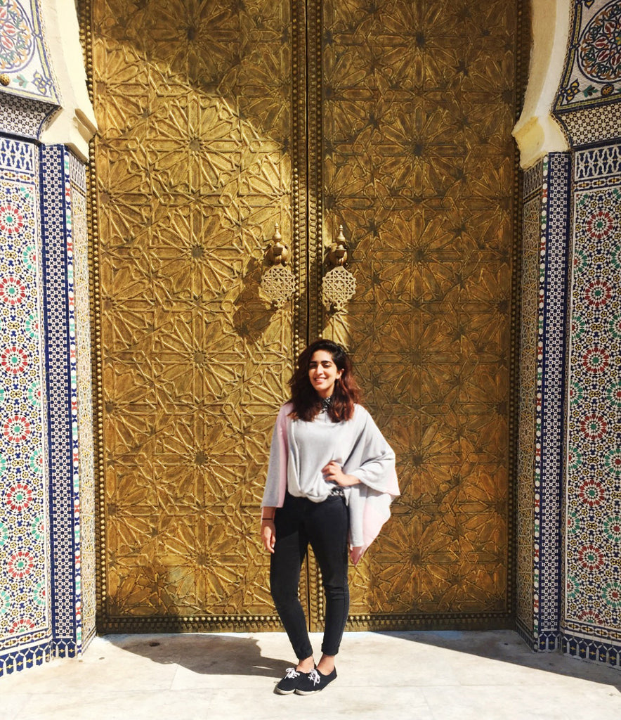 Jia Collection piece - Worn the max as a poncho to keep warm while posing in front of the ornate doors of one of the king's palaces in Meknes, Morocco