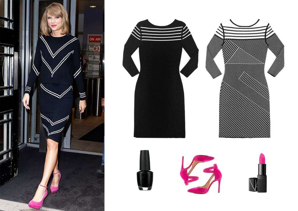 Get Taylor Swift's comfortable effortless look with the Johana reversible dress and some hot pink pumps.
