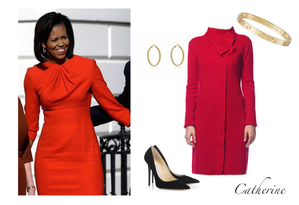 Michelle Obama in classic red dress with added texture for a fun, feminine touch. Featuring the Jia Collection Catherine convertible dress/cardigan.