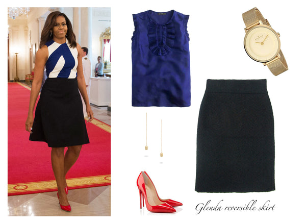 Michelle Obama in a classic pencil skirt and silk top, featuring the Jia Collection Glenda reversible pencil skirt.