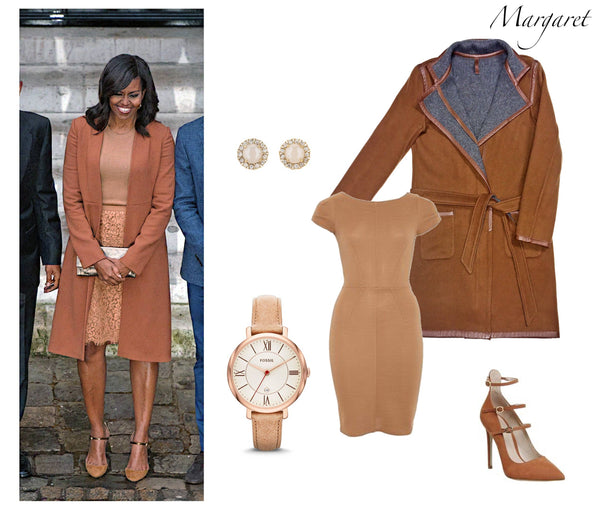 Michelle Obama in layered neutrals, featuring Jia Collection reversible wool/cashmere coat in brown/gray. 