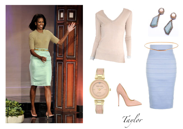 Michelle Obama looking beautiful in all pastel colors. Featuring the Jia Collection Taylor reversible pullover in pink/beige/gray. 