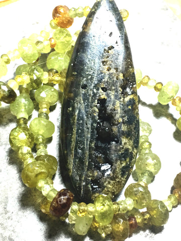 Green garnet pendant, sexy and mysterious, beaded necklace