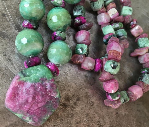 Ruby in zoisite pendant and beads with raw ruby necklace