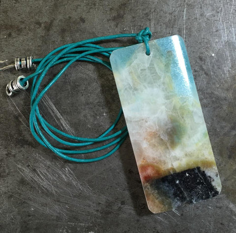Morning sunrise, amazonite pendant on teal leather necklace, sterling silver clasp