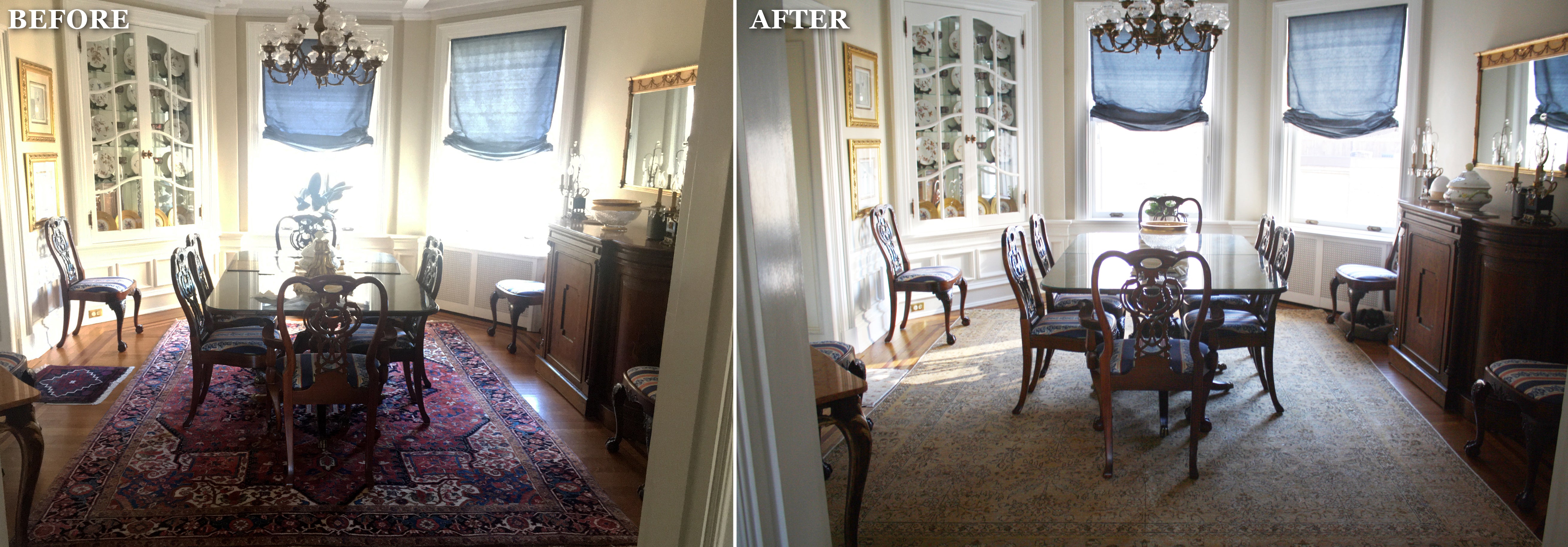 Dining room before and after with rug