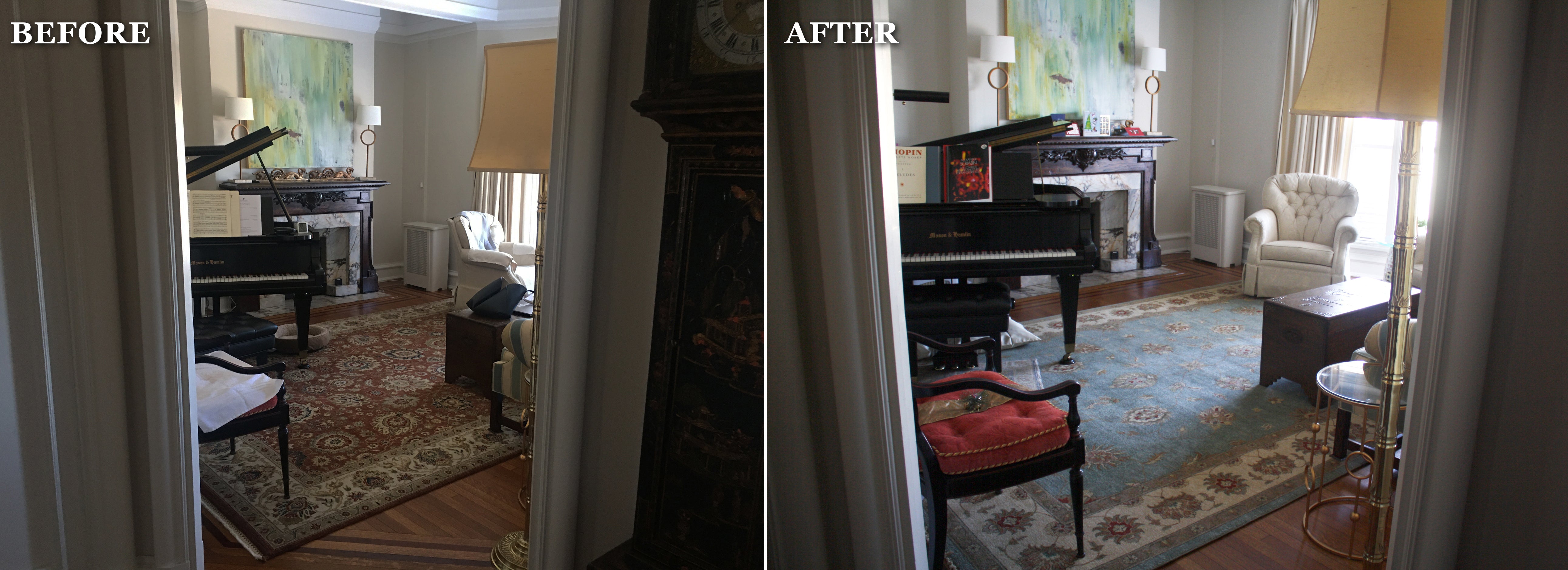 Interior design before and after with Persian rug