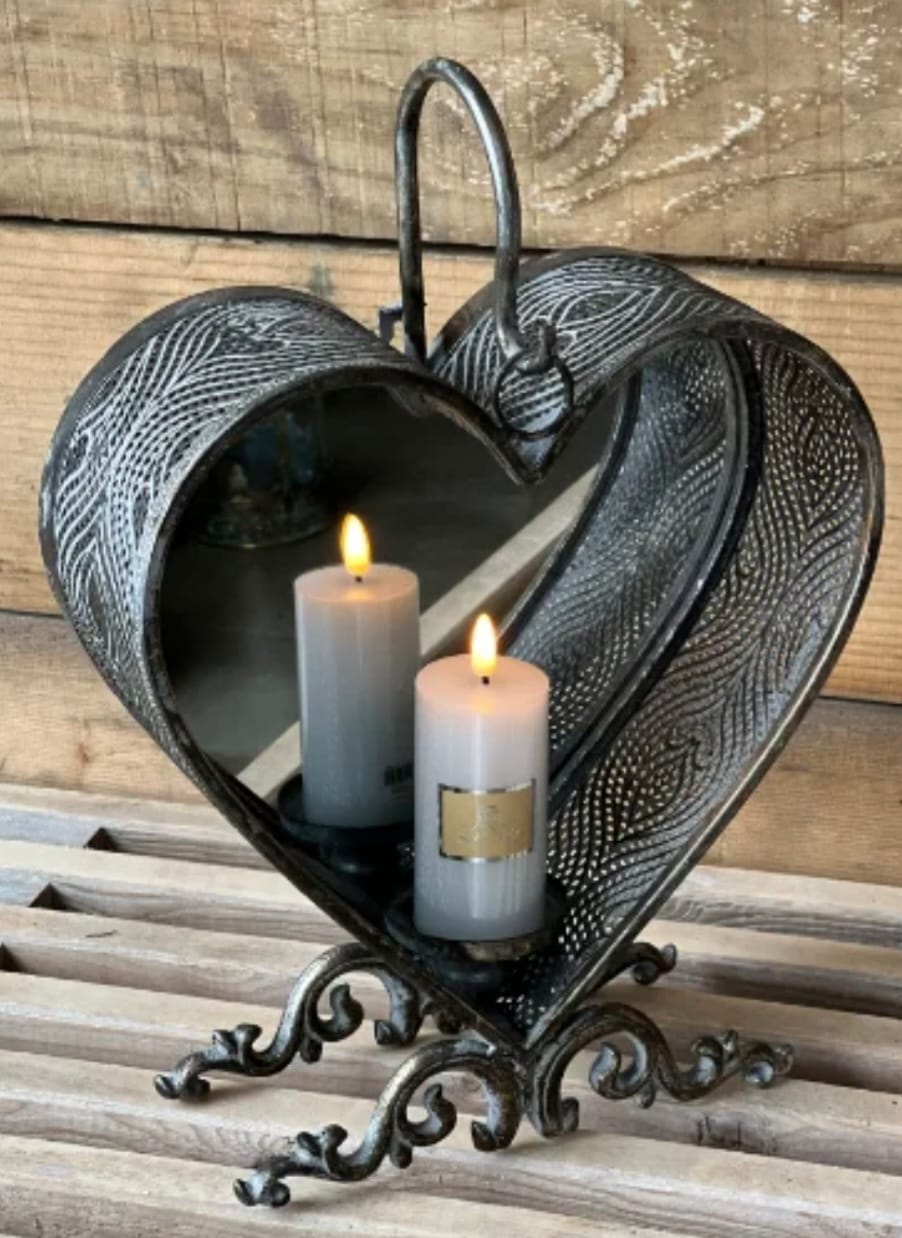Hjerte Lanterne Med Lysestage Og Spejl i Antique Sølv Casabohr