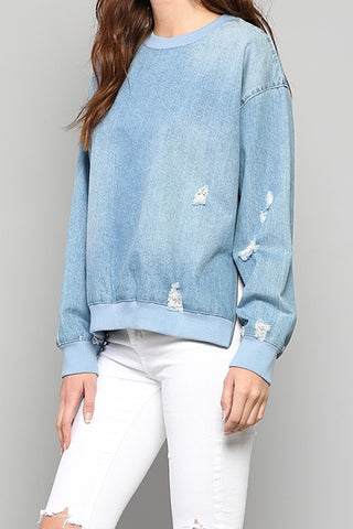 Distressed Denim Sweatshirt