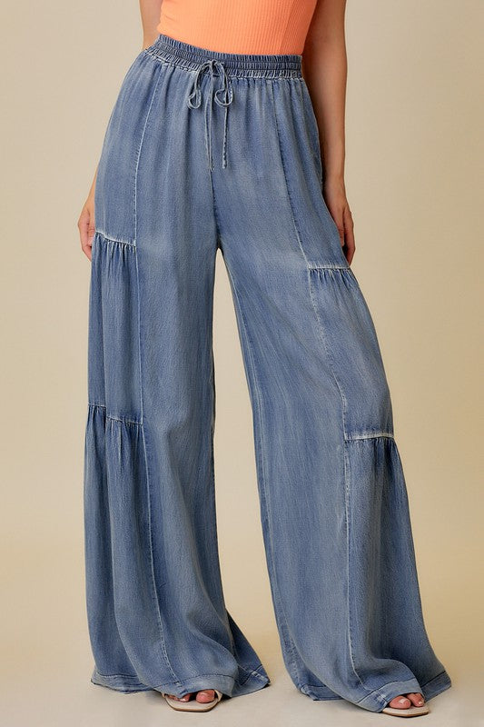 Washed Denim Wide Leg Pants