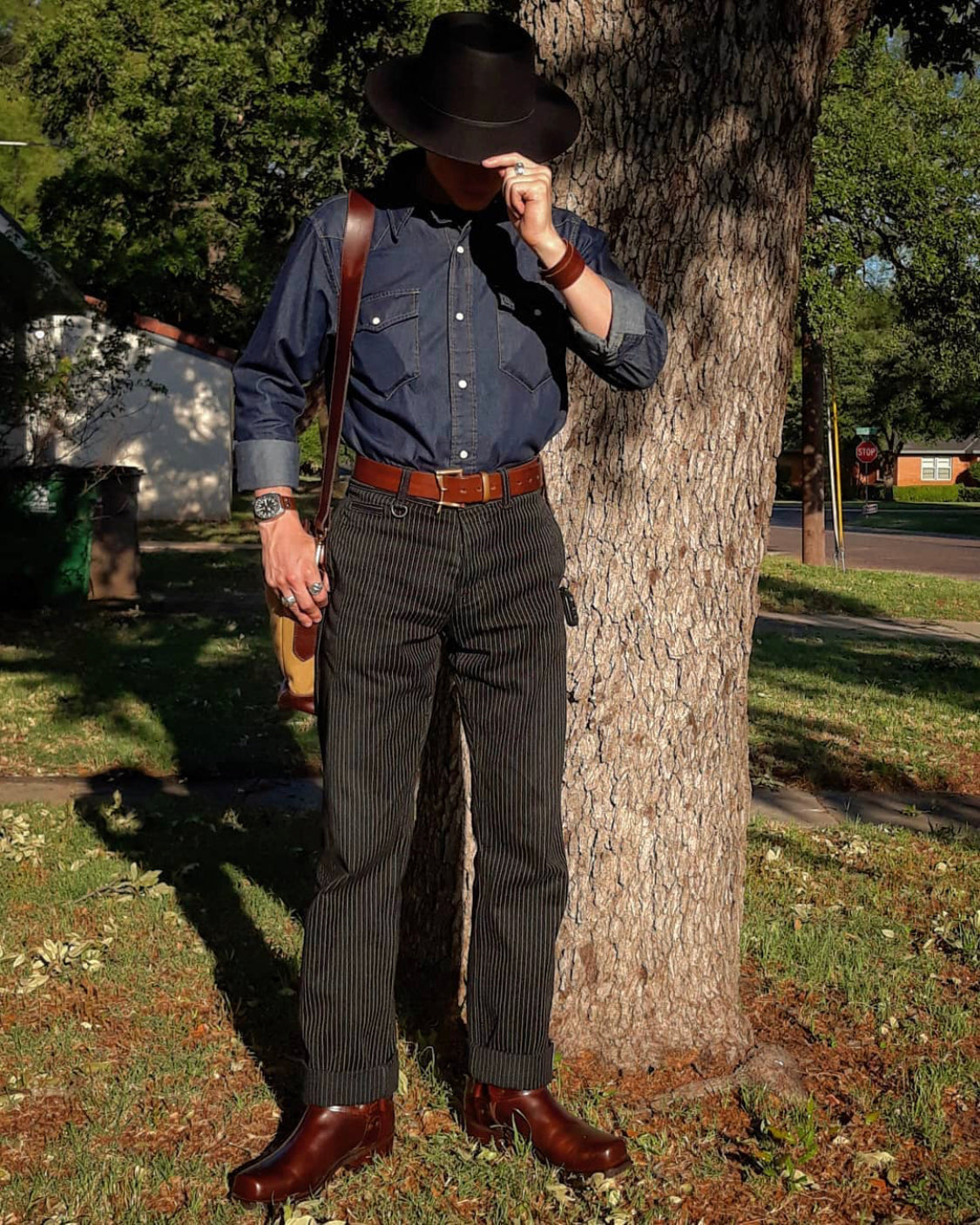 @Greaser_Doug in San Angelo, Texas wearing Ranch Road Boots men's Honcho Brown moto boot.