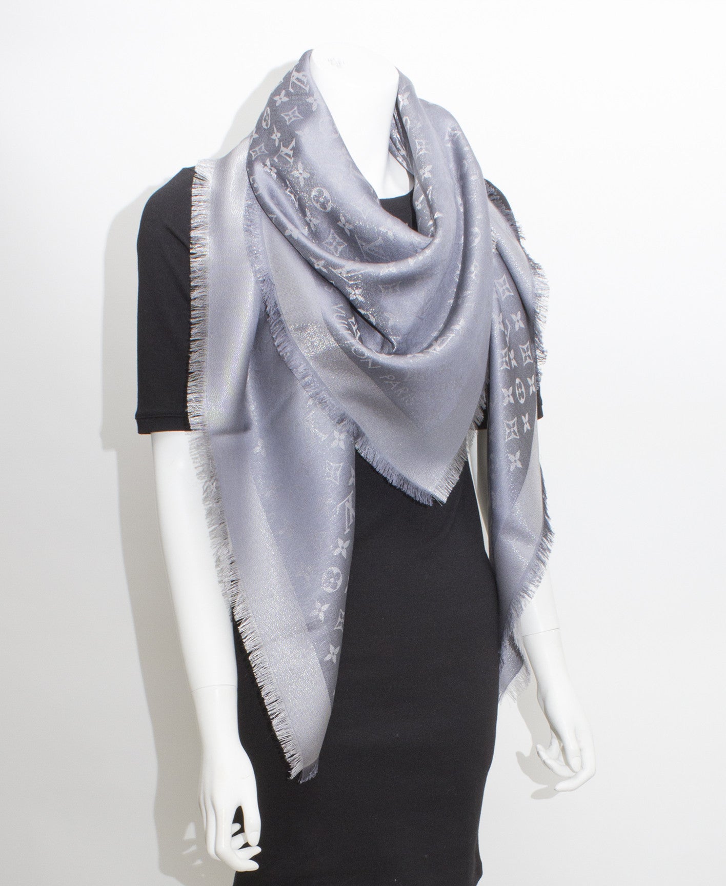 Louis Vuitton charcoal gray monogram shine shawl scarf, Gucci