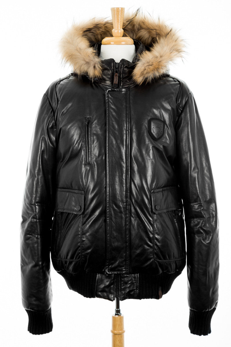 leather bomber with fur hood