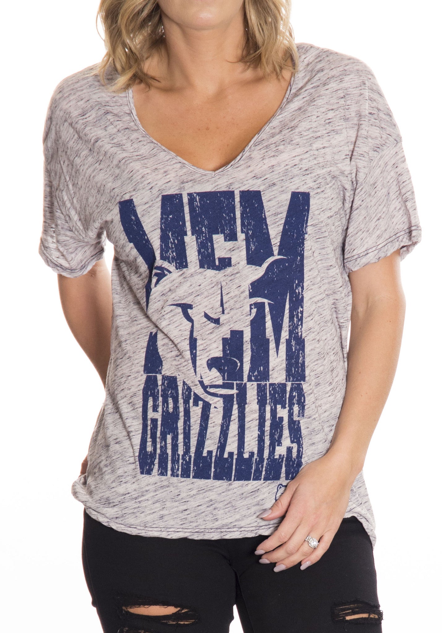 Memphis Grizzlies Abbreviation Women\u002639;s Oversized HiLo Burnout VNeck  Baer\u002639;s Den