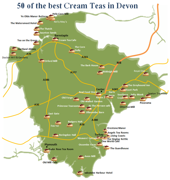 Best cream teas in Devon map