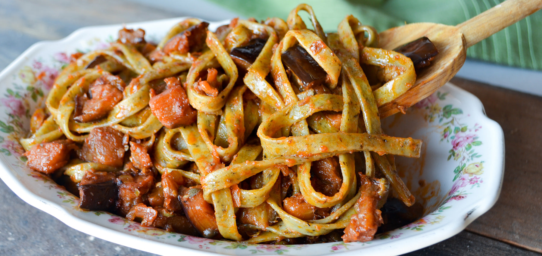 Basil Garlic Fettuccine with Caponata