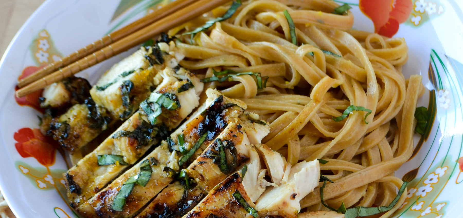 Grilled Chicken with Tamarind Orange Glaze over Spicy Thai Linguine