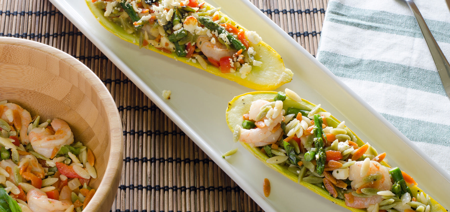 Summer Squash Stuffed with Rainbow Orzo & Shrimp Salad